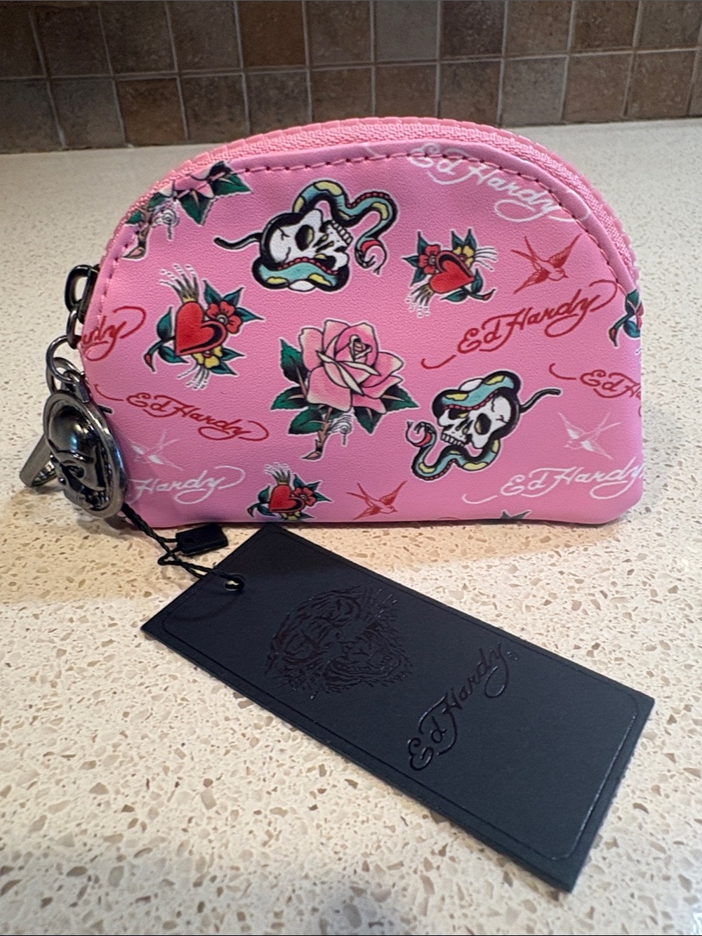 Ed Hardy NWT PU Leather Pink Tattoo-Print Coin Case
